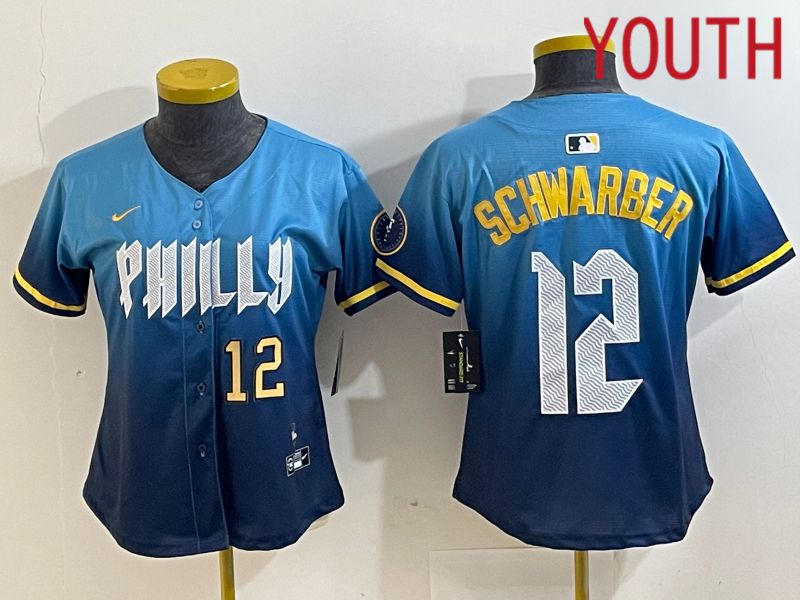 Youth Philadelphia Phillies #12 Schwarber Blue City Edition Nike 2024 MLB Jersey style 3